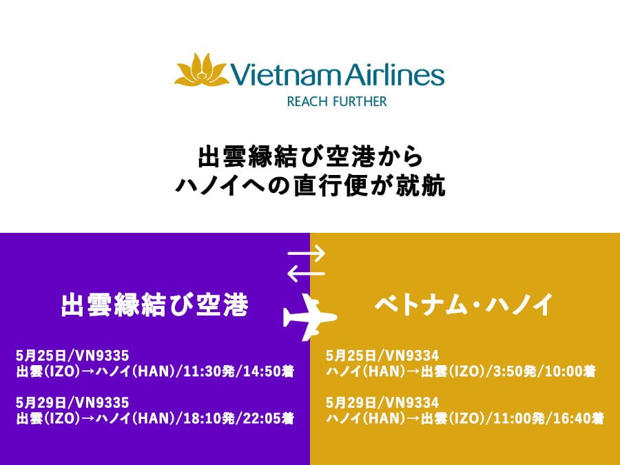 ベトナム航空、出雲 – ハノイ間初の直行チャーター便を運航開始！