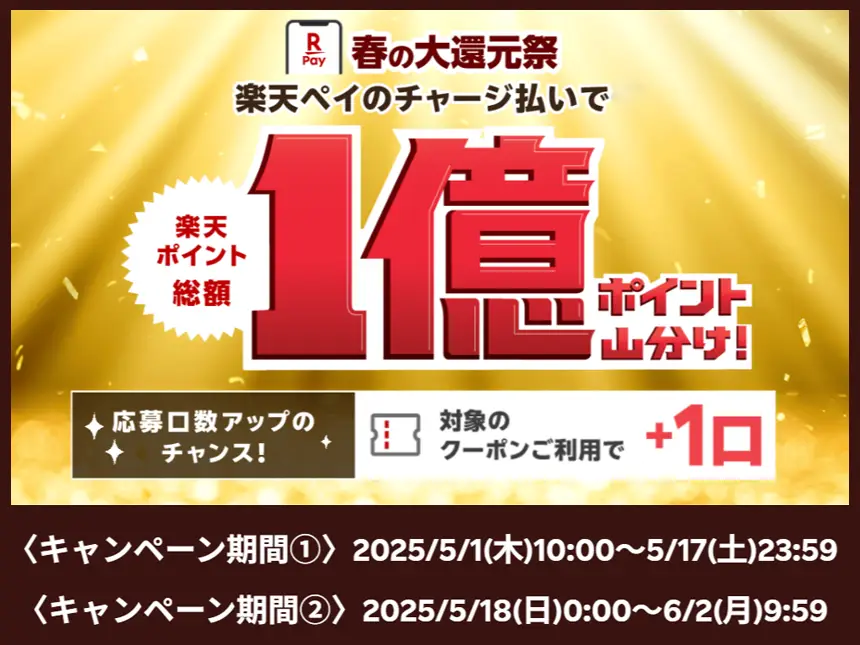 楽天ペイメント、「春の大還元祭 チャージ払いで総額1億ポイント山分け！」キャンペーン実施中