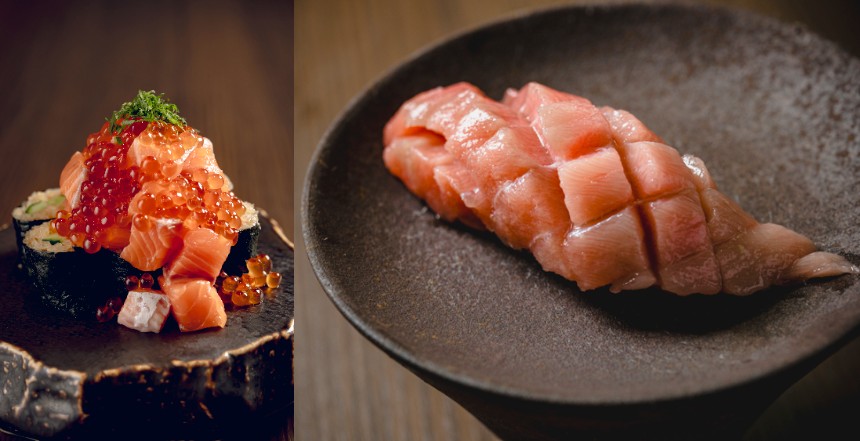 サーモンまみれ寿司とマンゴーカット寿司