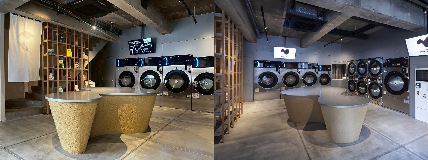 ランドリー設備のすぐ隣にプライベートサウナを併設