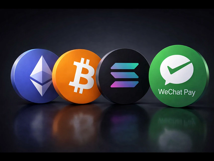 WechatPayおよび暗号資産(BTC・SOL・ETH)での支払いに対応