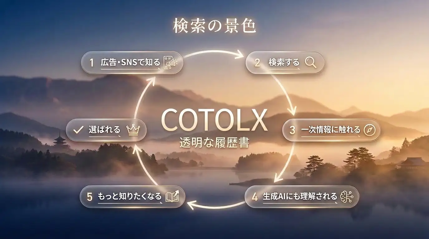 COTOLXが考える「検索景色」。一次情報を起点に、「知る」から「選ばれる」までを循環させる。