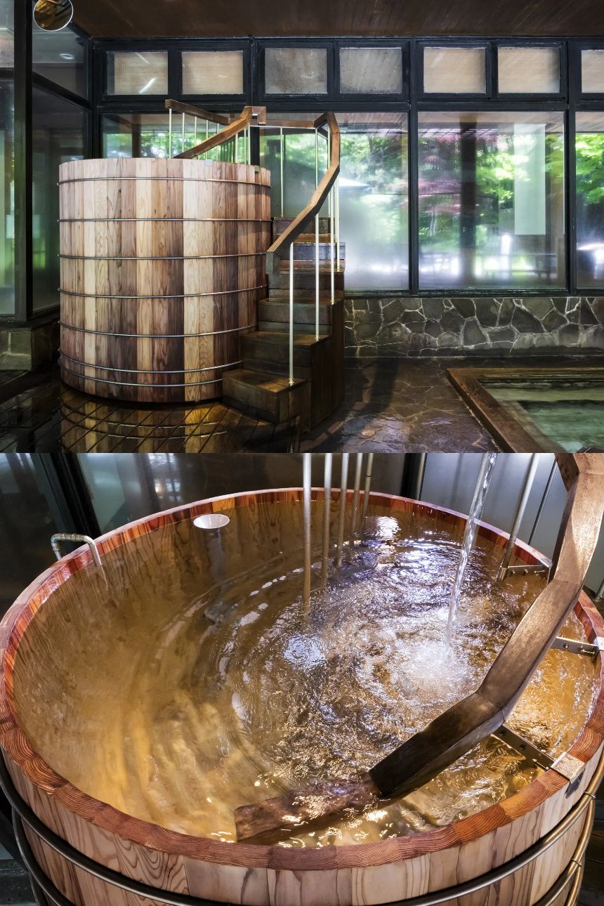 国産杉材の美しい木目が特徴の新しい木槽「樽水風呂」